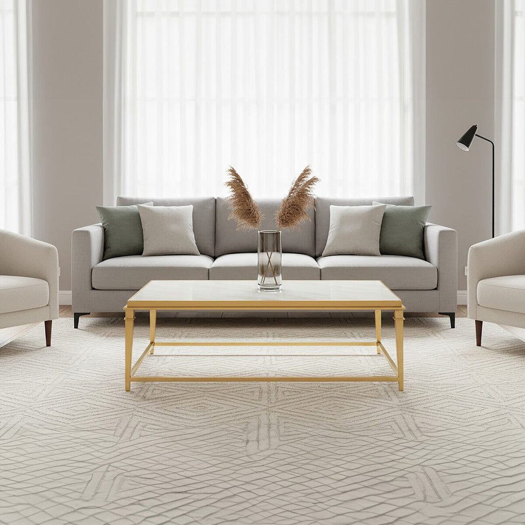 Rectangular White Marble Coffee Table With Warm Gold Stainless Steel Frame, Alvaro