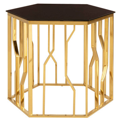 Gold Tone Stainless Steel Hexagonal Side Table With Black Glass Top, Alvaro