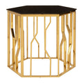 Gold Tone Stainless Steel Hexagonal Side Table With Black Glass Top, Alvaro