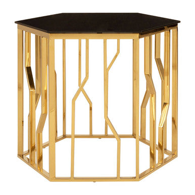 Gold Tone Stainless Steel Hexagonal Side Table With Black Glass Top, Alvaro