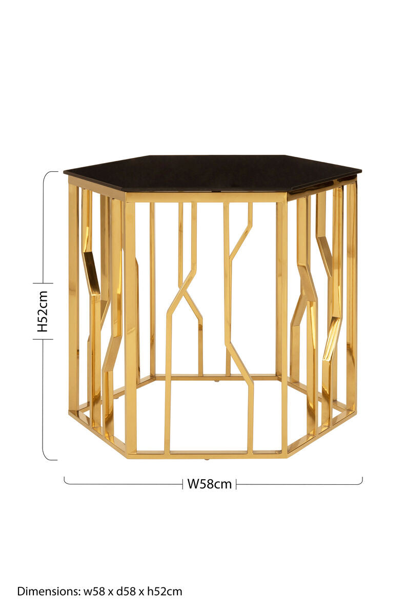 Gold Tone Stainless Steel Hexagonal Side Table With Black Glass Top, Alvaro