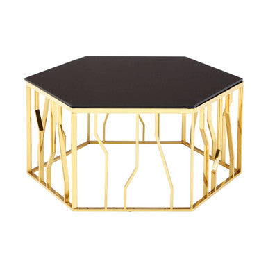 Gold Tone Stainless Steel Hexagonal Coffee Table With Black Glass Top, Alvaro