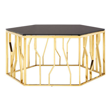 Gold Tone Stainless Steel Hexagonal Coffee Table With Black Glass Top, Alvaro