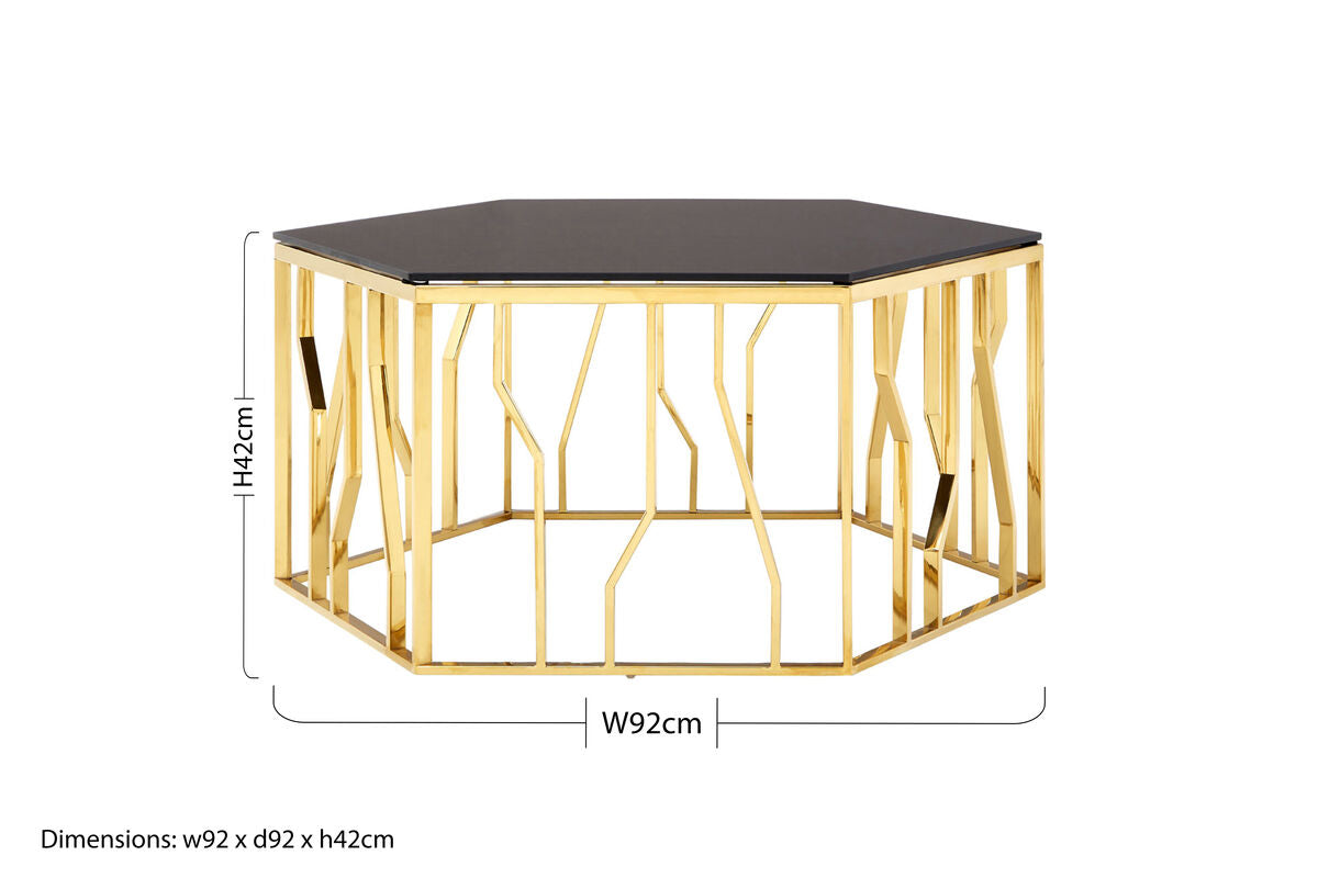 Gold Tone Stainless Steel Hexagonal Coffee Table With Black Glass Top, Alvaro