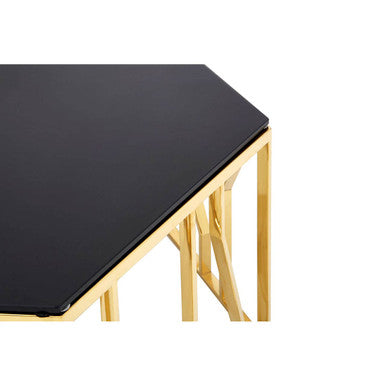 Gold Tone Stainless Steel Hexagonal Coffee Table With Black Glass Top, Alvaro
