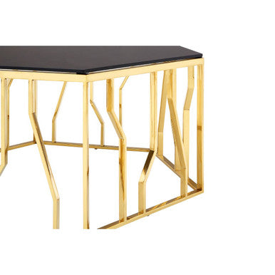 Gold Tone Stainless Steel Hexagonal Coffee Table With Black Glass Top, Alvaro