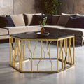 Gold Tone Stainless Steel Hexagonal Coffee Table With Black Glass Top, Alvaro