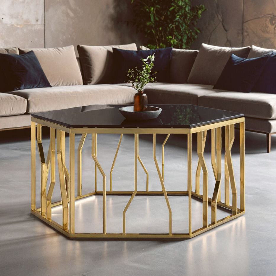 Gold Tone Stainless Steel Hexagonal Coffee Table With Black Glass Top, Alvaro