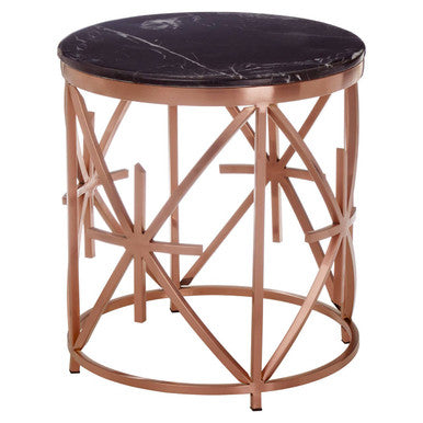 Rose Gold Stainless Steel Frame Side Table With Black Marble Top, Alvaro