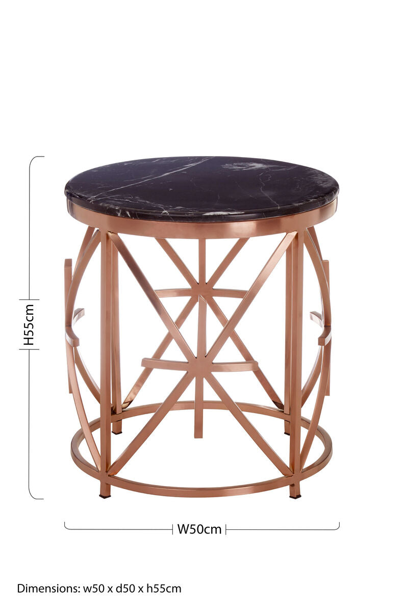 Rose Gold Stainless Steel Frame Side Table With Black Marble Top, Alvaro