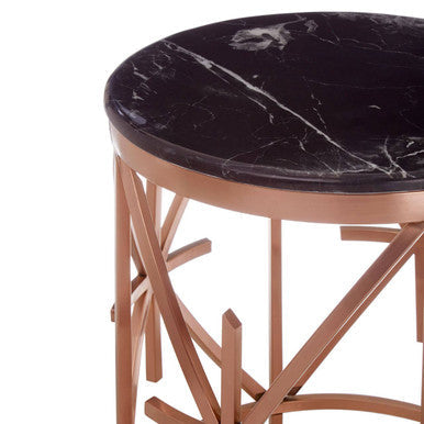Rose Gold Stainless Steel Frame Side Table With Black Marble Top, Alvaro