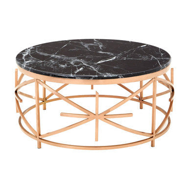Rose Gold Stainless Steel Frame Coffee Table With Black Marble Top, Alvaro