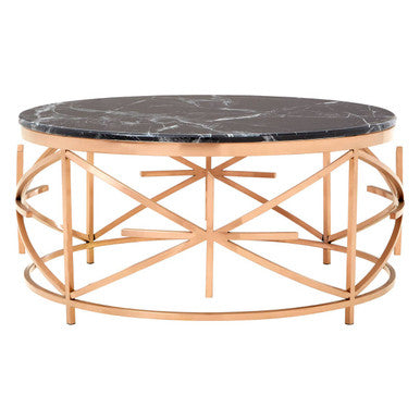 Rose Gold Stainless Steel Frame Coffee Table With Black Marble Top, Alvaro