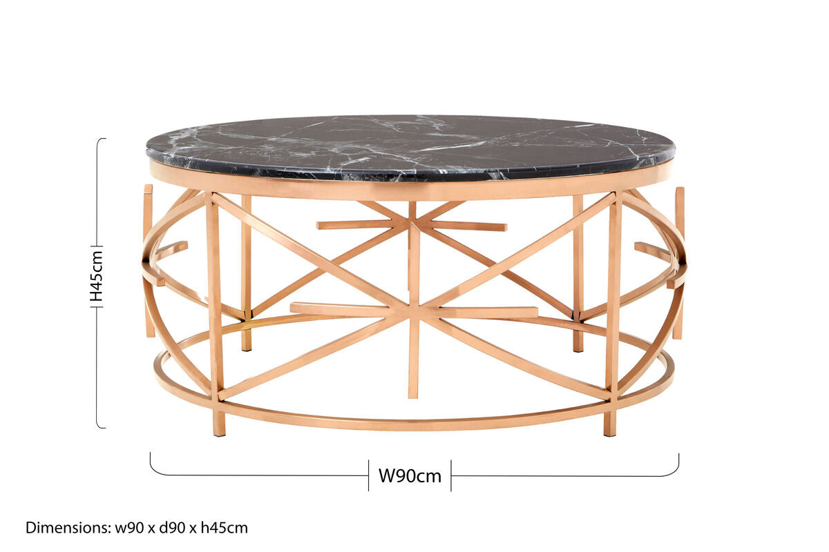 Rose Gold Stainless Steel Frame Coffee Table With Black Marble Top, Alvaro