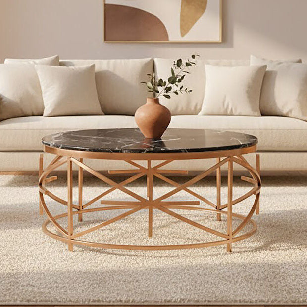 Rose Gold Stainless Steel Frame Coffee Table With Black Marble Top, Alvaro