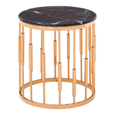 Round Rose Gold Copper Frame Side Table With Black Marble Top, Alvaro