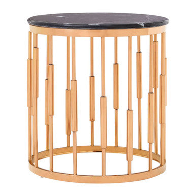 Round Rose Gold Copper Frame Side Table With Black Marble Top, Alvaro