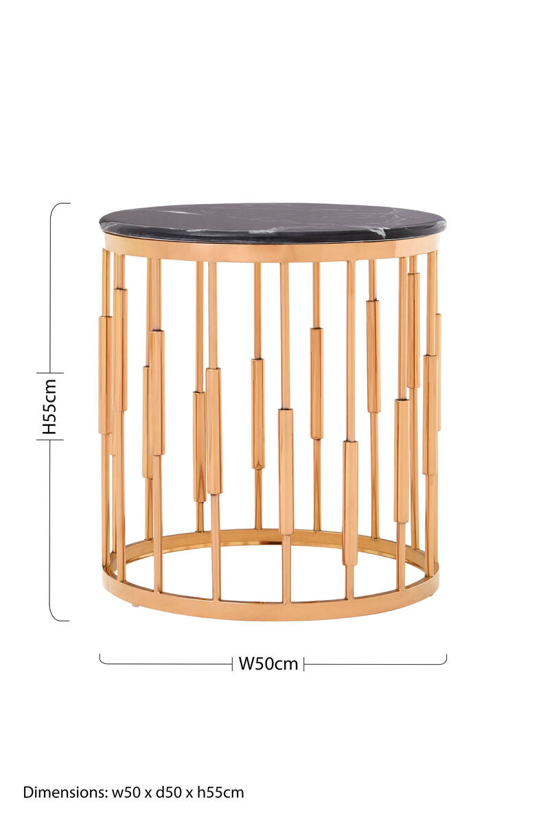Round Rose Gold Copper Frame Side Table With Black Marble Top, Alvaro
