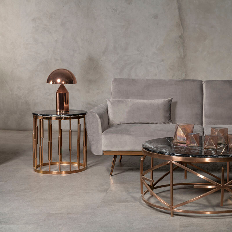 Round Rose Gold Copper Frame Side Table With Black Marble Top, Alvaro