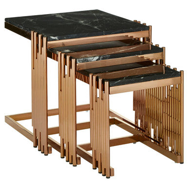 Black Marble Tops Square Nest Of 3 Tables With Reflective Rose Gold Metal Frame, Alvaro