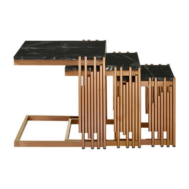 Black Marble Tops Square Nest Of 3 Tables With Reflective Rose Gold Metal Frame, Alvaro