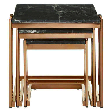 Black Marble Tops Square Nest Of 3 Tables With Reflective Rose Gold Metal Frame, Alvaro
