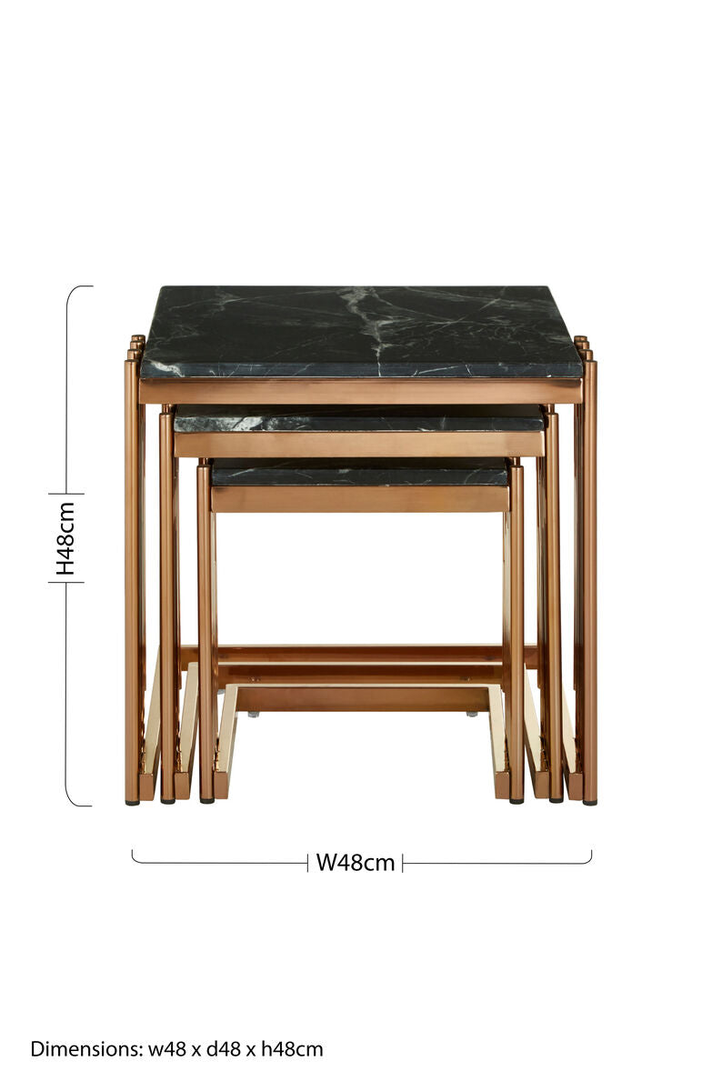 Black Marble Tops Square Nest Of 3 Tables With Reflective Rose Gold Metal Frame, Alvaro
