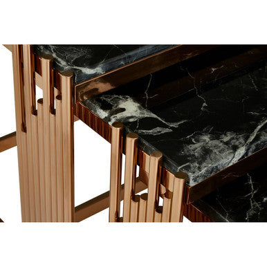 Black Marble Tops Square Nest Of 3 Tables With Reflective Rose Gold Metal Frame, Alvaro