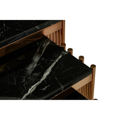 Black Marble Tops Square Nest Of 3 Tables With Reflective Rose Gold Metal Frame, Alvaro