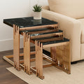 Black Marble Tops Square Nest Of 3 Tables With Reflective Rose Gold Metal Frame, Alvaro