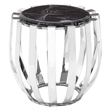 Black Marble Top Side Table Chrome Stainless Steel Barrel Frame, Alvaro