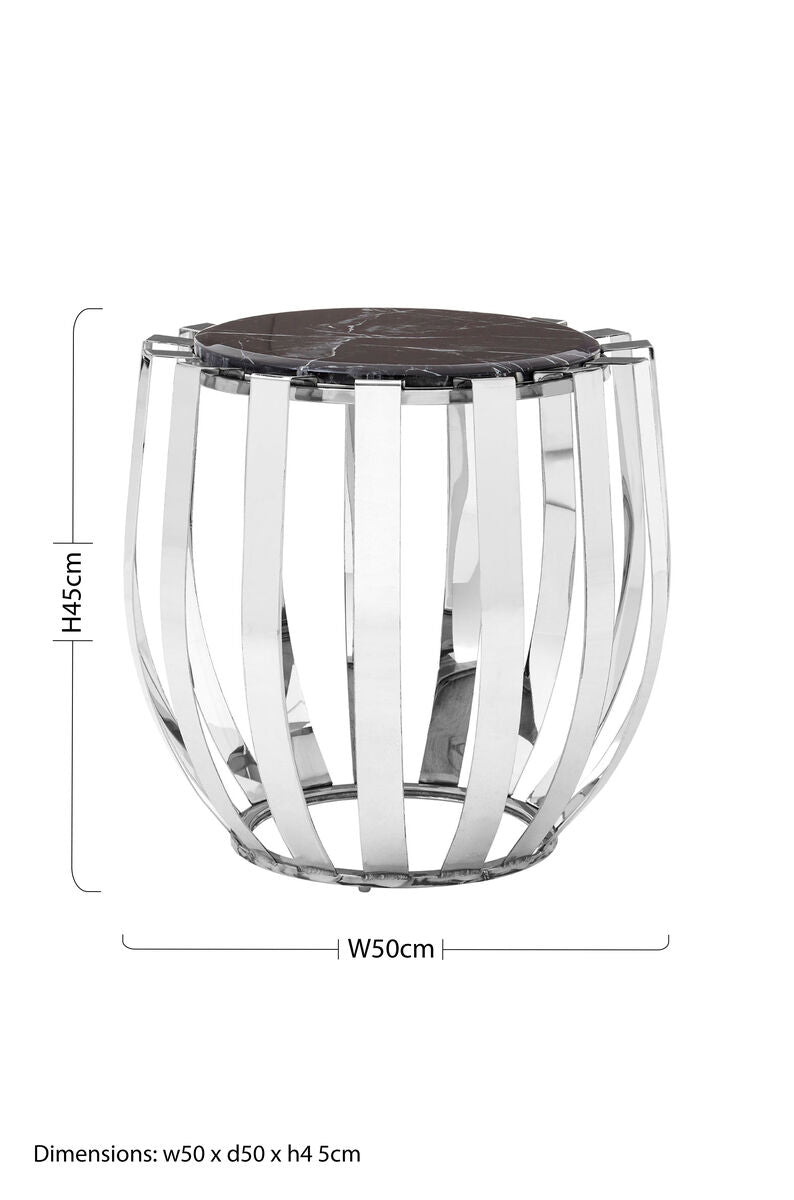 Black Marble Top Side Table Chrome Stainless Steel Barrel Frame, Alvaro