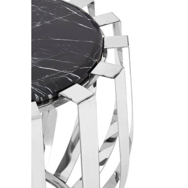 Black Marble Top Side Table Chrome Stainless Steel Barrel Frame, Alvaro