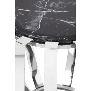 Black Marble Top Side Table Chrome Stainless Steel Barrel Frame, Alvaro