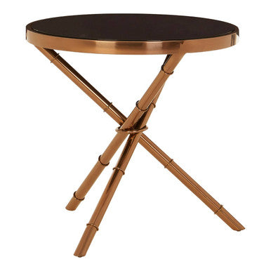 Black Glass Top Round Side Table With Rose Gold Iron Legs Ring Detail, Alvaro