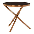 Black Glass Top Round Side Table With Rose Gold Iron Legs Ring Detail, Alvaro