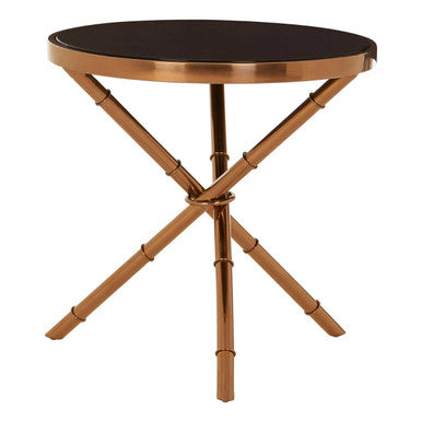 Black Glass Top Round Side Table With Rose Gold Iron Legs Ring Detail, Alvaro