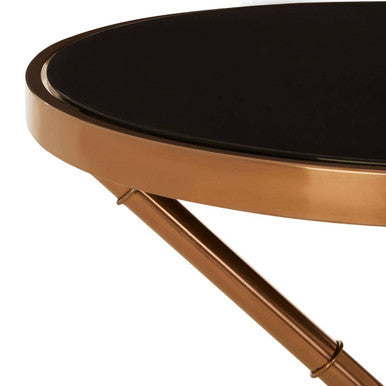 Black Glass Top Round Side Table With Rose Gold Iron Legs Ring Detail, Alvaro