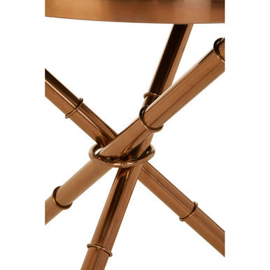 Black Glass Top Round Side Table With Rose Gold Iron Legs Ring Detail, Alvaro