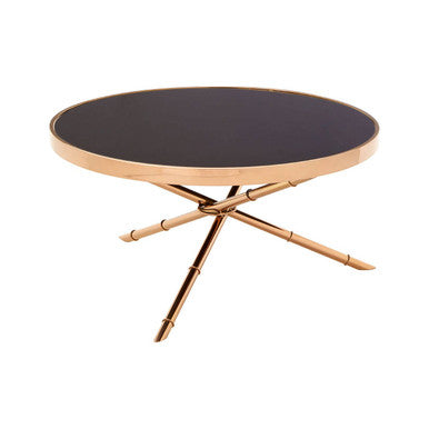 Black Glass Top Round Coffee Table With Rose Gold Iron Legs Ring Detail, Alvaro