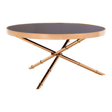 Black Glass Top Round Coffee Table With Rose Gold Iron Legs Ring Detail, Alvaro