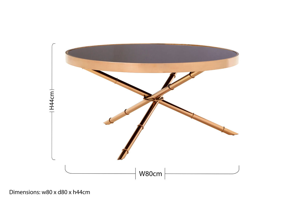 Black Glass Top Round Coffee Table With Rose Gold Iron Legs Ring Detail, Alvaro