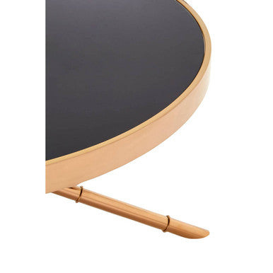 Black Glass Top Round Coffee Table With Rose Gold Iron Legs Ring Detail, Alvaro