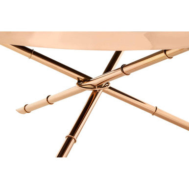 Black Glass Top Round Coffee Table With Rose Gold Iron Legs Ring Detail, Alvaro
