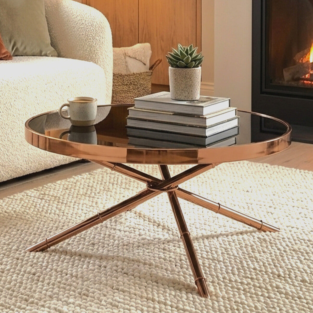 Black Glass Top Round Coffee Table With Rose Gold Iron Legs Ring Detail, Alvaro