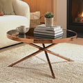 Black Glass Top Round Coffee Table With Rose Gold Iron Legs Ring Detail, Alvaro
