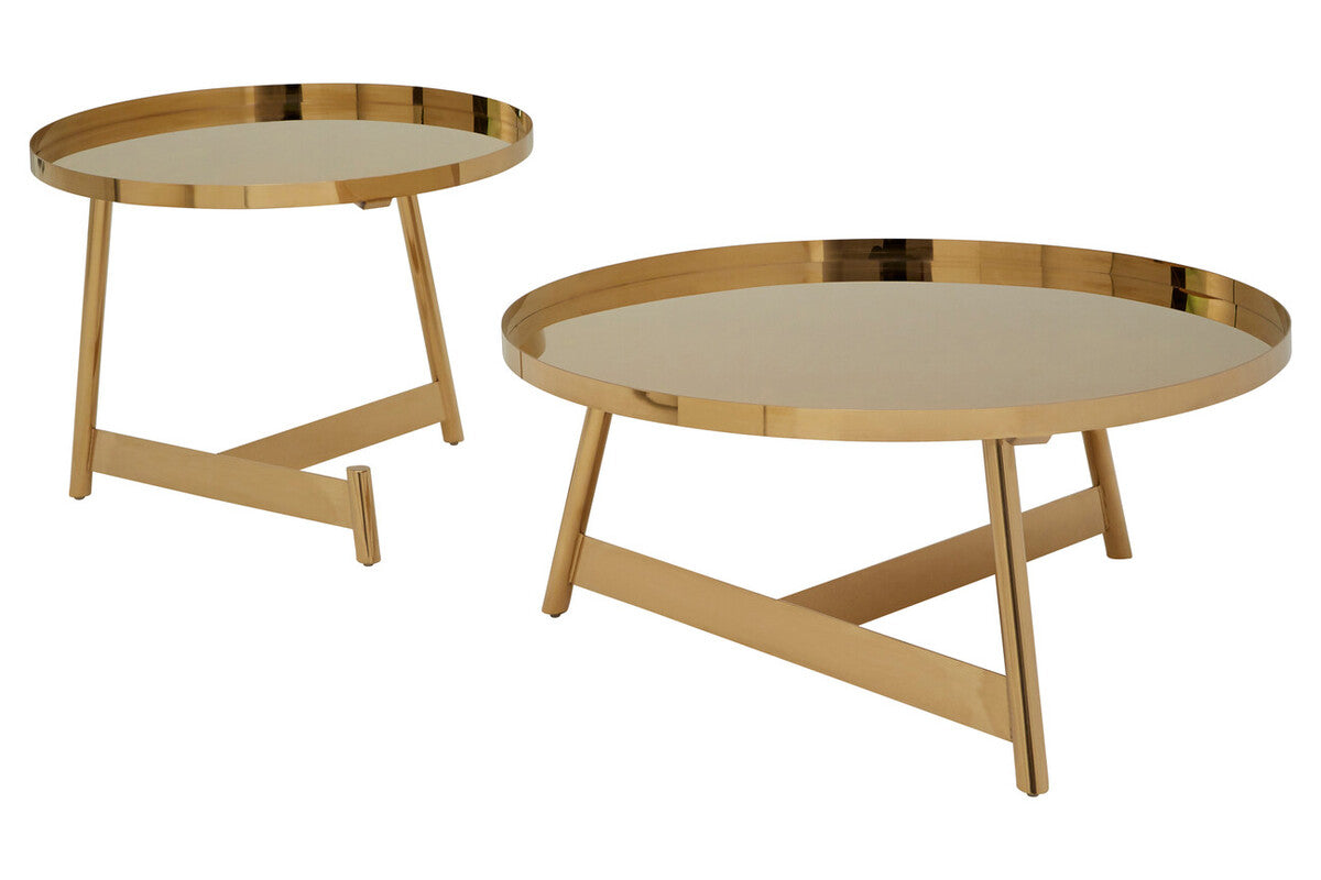 Rose Gold Set Of 2 Round Coffee Tables With Angular Asymmetric Frames, Alvaro
