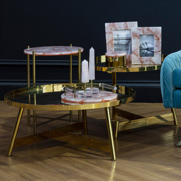 Rose Gold Set Of 2 Round Coffee Tables With Angular Asymmetric Frames, Alvaro