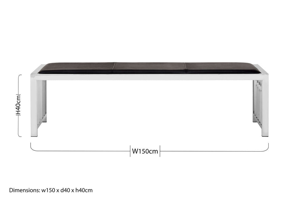 Novara Black Leather Bench With Stainless Steel Frame