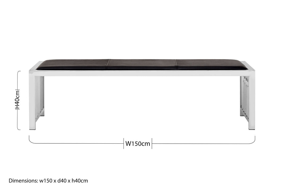 Novara Black Leather Bench With Stainless Steel Frame